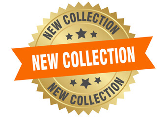 new collection. new collection round orange and gold label isolated on transparent background