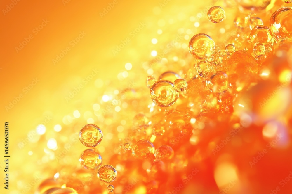 Poster abstract golden liquid with bubbles and light reflections for creative background use