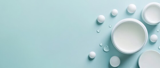 White cosmetic containers, water droplets, and spheres on a light teal background