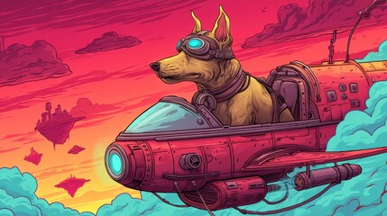 Dog pilot in goggles flying a red spaceship through colorful clouds at sunset, futuristic fantasy scene, vibrant sky, adventure, sci-fi illustration.