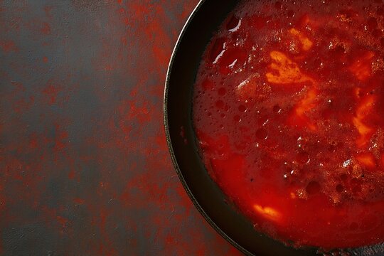 Red soup in black bowl, top view, rich texture, culinary scene