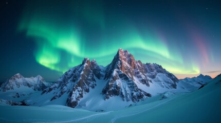 A breathtakingly detailed, high-resolution photograph of the Northern Lights dancing vibrantly above a snow-capped mountain range