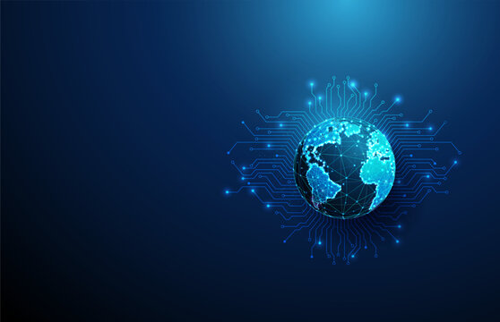 Futuristic globe with electronic circuit lines background. Cybersecurity, global data protection, digital risk management.