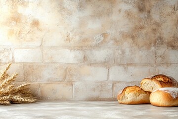 Rustic Still Life with Fresh Bread and Wheat Against a Textured Brick Background, Bakery Concept