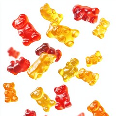 Gummy bears floating on white background studio shot colorful candy bears red yellow orange sweet treat