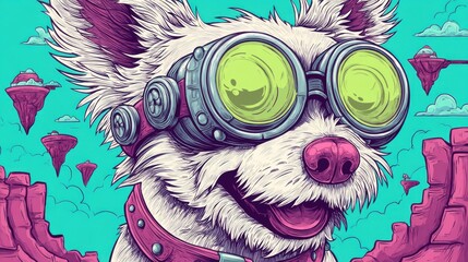 Cute white dog with big green steampunk goggles, pink nose, and collar, cartoon style, fantasy floating islands, vibrant colors, whimsical sci-fi background.