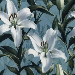 Elegant white lilies soft blue background create serene pattern textile