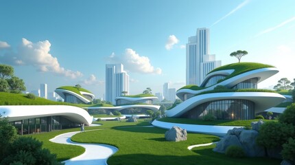 High-resolution stock photo of a futuristic cityscape with sleek, modern, eco-friendly buildings and lush green roofs, set against a bright blue sky with a few wispy white clouds