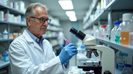 High-resolution stock photo of a middle-aged scientist with a focused expression, wearing a crisp white lab coat, standing in a well-lit, modern laboratory