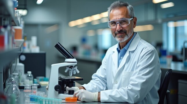 High-resolution stock photo of a middle-aged scientist with a focused expression, wearing a crisp white lab coat, standing in a well-lit, modern laboratory