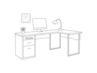 Business Office Desk Line Art Vector Illustration . Workplace. linear icon. Line with Editable stroke .Office interior outline sketch. Modern business workspace with office furniture.
