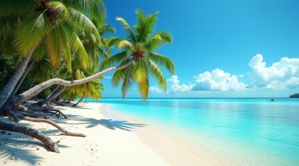 High-resolution stock photo of a breathtaking exotic island with lush green palm trees swaying gently in the tropical breeze, set against a vibrant blue sky with only a few puffy white clouds