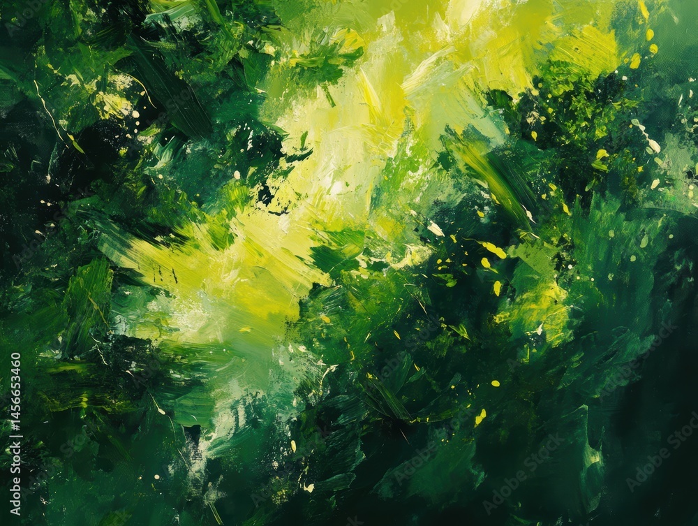 Poster abstract painting of lush foliage with vibrant green and yellow hues in a dynamic composition on can