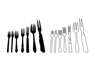 Fork, spoon, and knife line icon, outline vector sign. spoon, knife, and fork vector. A comprehensive set of vintage fork silhouettes in black and white, showcasing various sizes and shapes.