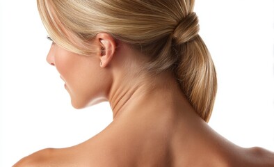 Fototapeta premium In a studio setting, a woman showcases her smooth skin, highlighting the benefits of body treatment and hydration for a radiant skincare glow, with a focus on dermatology and bodycare against a white