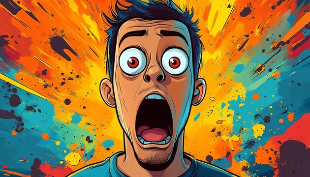 Shocked man, wide eyes, explosion background.  Comic style illustration.
