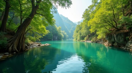 Fototapeta premium High-resolution stock photo of unspoiled wilderness, devoid of pollution, showcasing a serene and pristine natural environment, with lush greenery, majestic trees, and crystal-clear water