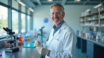 High-resolution stock photo of a middle-aged scientist with a focused expression, wearing a crisp white lab coat, standing in a well-lit, modern laboratory