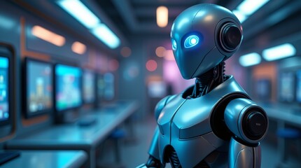High-resolution stock photo of a sleek, silver Humanoid robot with glowing blue LED eyes, surrounded by holographic screens and neon lights in a futuristic laboratory or industrial environment
