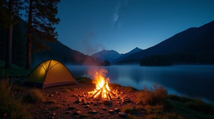 High-resolution stock photo of a serene camping scene at dusk, illuminated by the warm glow of a crackling fire pit situated near a picturesque lake or riverbank, surrounded by tall trees