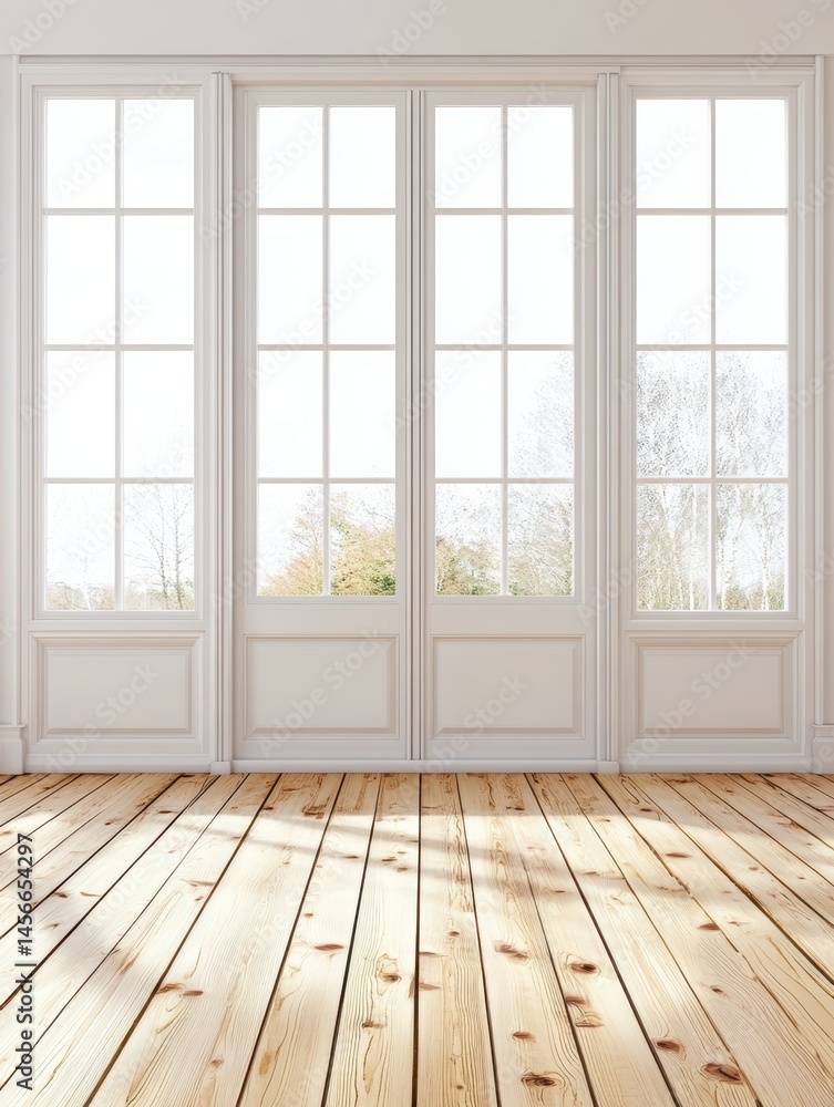Poster interior view of empty room with wooden floor and large windows looking out to trees in autumn seaso