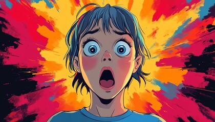 Naklejka premium stunned cartoon character in disbelief, wide eyes and mouth open in confusion, emotional impact amplified by bold colorful background, animated comic scene,