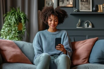 Young woman decorates bedroom while using smartphone