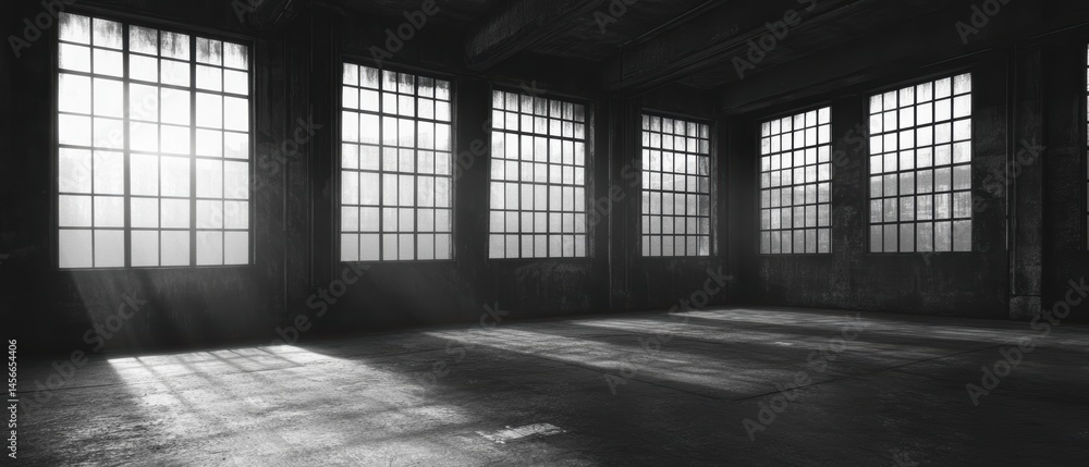 Poster empty industrial space with large windows and sunlight streaming in black and white interior archite