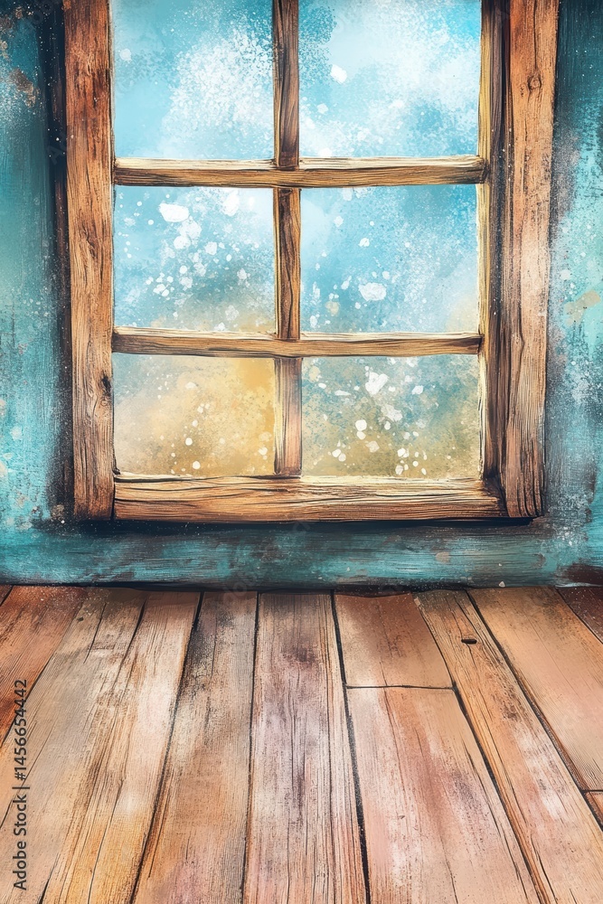 Aufkleber rustic window scene with weathered wood frame and blue sky view from inside a room with wooden floor