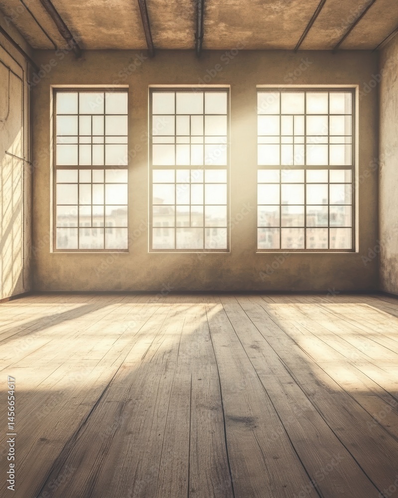 Poster empty loft interior with sunlight shining through windows creating shadows on the wooden floor indus