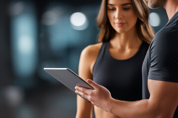Personal trainer shows exercise plan on tablet to attentive client in a minimalist gym setting