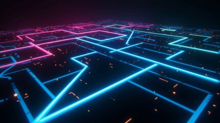 Obraz premium Vibrant neon light lines in shades of electric blue, hot pink, and lime green tracing intricate geometric patterns against a deep, inky black background