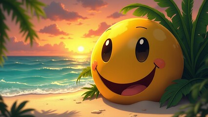 Cheerful cartoon sphere on tropical beach at sunset illustration