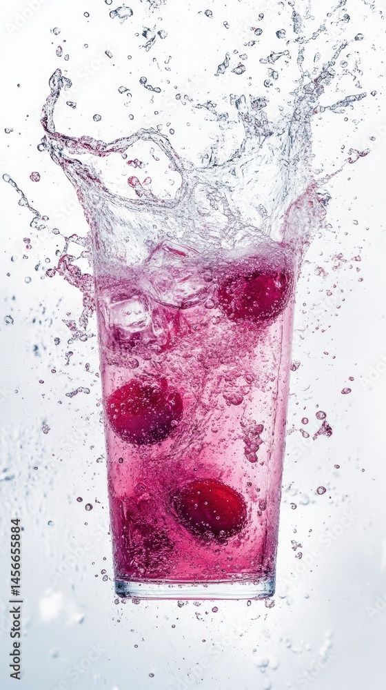 Poster refreshing drink explosion with vibrant cranberries and ice cubes in a clear glass against a clean w