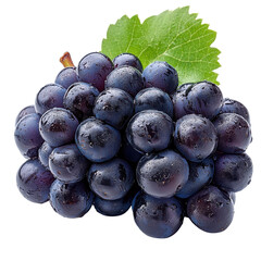 Juicy Dark Grapes on Vine: A vibrant close-up of ripe, juicy dark grapes, with dewdrops clinging to their surfaces, resting on a lush green leaf. A still life captured with rich detail