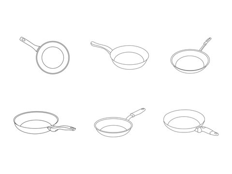 Frying pan hand-drawn outline doodle icon. Round deep frying pan. One continuous line drawing. Black insulated frying pan with handle, black contour in doodle style, vector illustration.