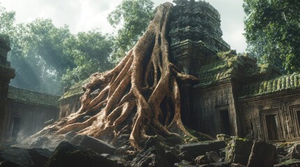 Ancient temple overgrown with massive roots in a lush jungle.  Sunlight filters through the dense foliage, illuminating the crumbling stone structure