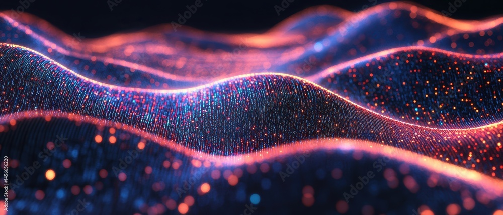 Poster Abstract Wavy Surface of Glowing Particles in Blue and Orange Tones Macro Shot for Science Technology or Data Visualization Background