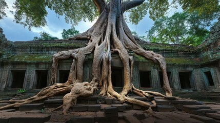 Ancient temple overgrown with massive tree roots