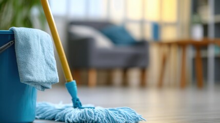 A blue mop and bucket positioned on a shiny floor in a modern living room, suggesting cleanliness and housework.