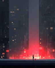 Obraz premium A man is standing in front of a tall building in a cold place, with a monolith that appears surreal, taller than a skyscraper, and evoking a sense of odontophobia, near a library with feet that seem