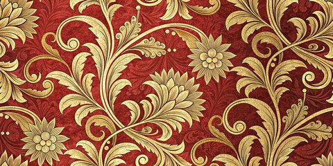 Obraz premium Luxurious Gold Floral Baroque Pattern on Rich Red Background