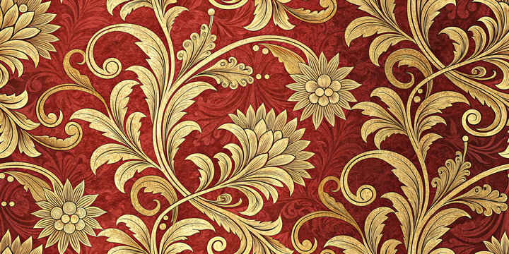 Luxurious Gold Floral Baroque Pattern on Rich Red Background