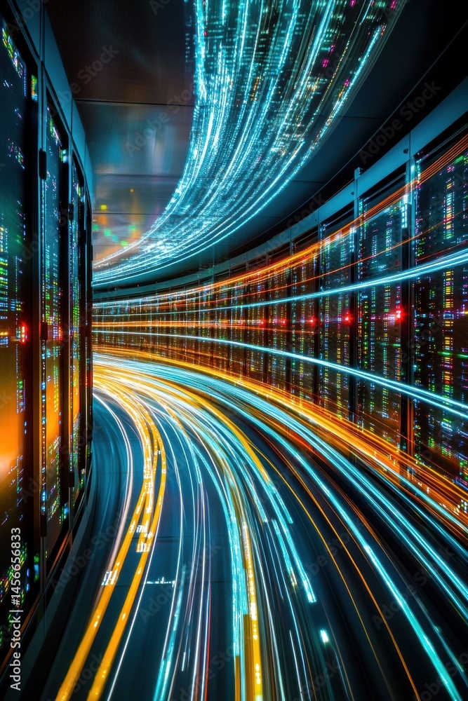 Poster Data Center Server Room with Light Trails Showing Data Flow and Processing from Low Angle Perspective