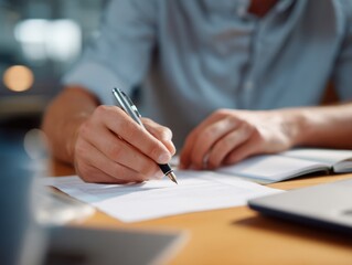  Close-up of hands signing a document at a desk, indicating agreement or contract completion.