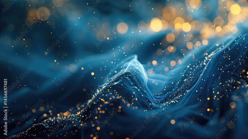 Poster abstract of gold particle color in blue wave wavering in luxury design. modern art present about the