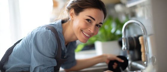 Smiling woman washing dishes at the sink in a bright kitchen.