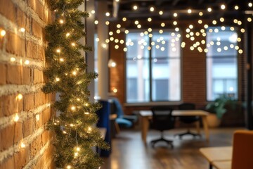 Warm festive string lights in stylish office