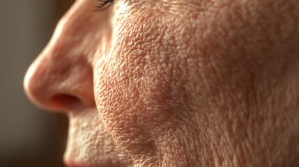 A close-up of the side of a person's face, highlighting skin texture and wrinkles. The detailed view emphasizes the natural aging process and facial features