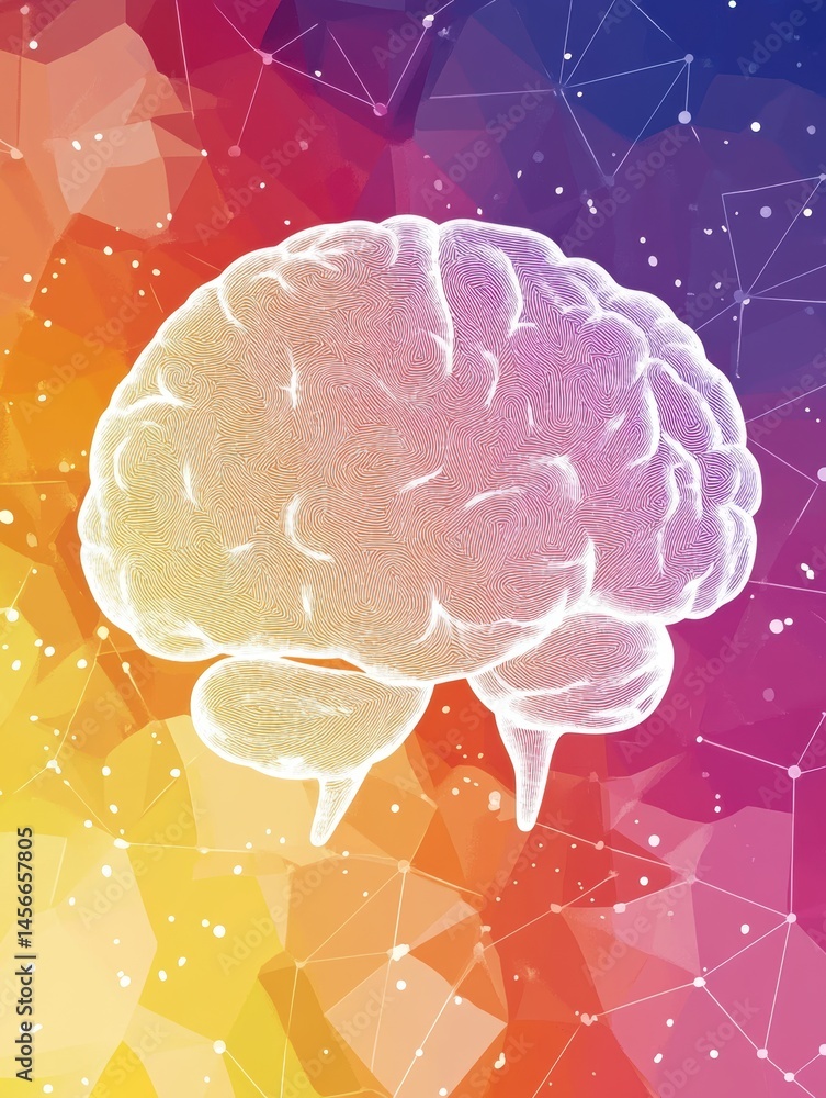 Poster artistic brain illustration with polygonal background and network connections in vibrant colors